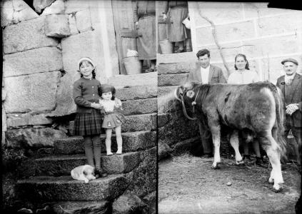 Negativo con dos fotografías en un exterior, la de la izquierda aparece una niña de pie en unas escalera sosteniendo una muñeca y a su lado un perro; en la de la derecha aparecen dos hombres y una mujer con un ternero. Realizadas en el lugar de Outeiro del Cabo (Asadur, Maceda).