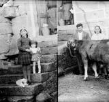 Negativo con dúas fotografías nun exterior, a da esquerda aparece unha nena de pé nunhas escaleira sostendo unha boneca e a seu carón un can; na da dereita aparecen dous homes e unha muller cun tenreiro. Realizadas no lugar de Outeiro do Cabo (Asadur, Maceda).