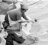 Muller  axeonllada lavando roupa ao carón dun rio.